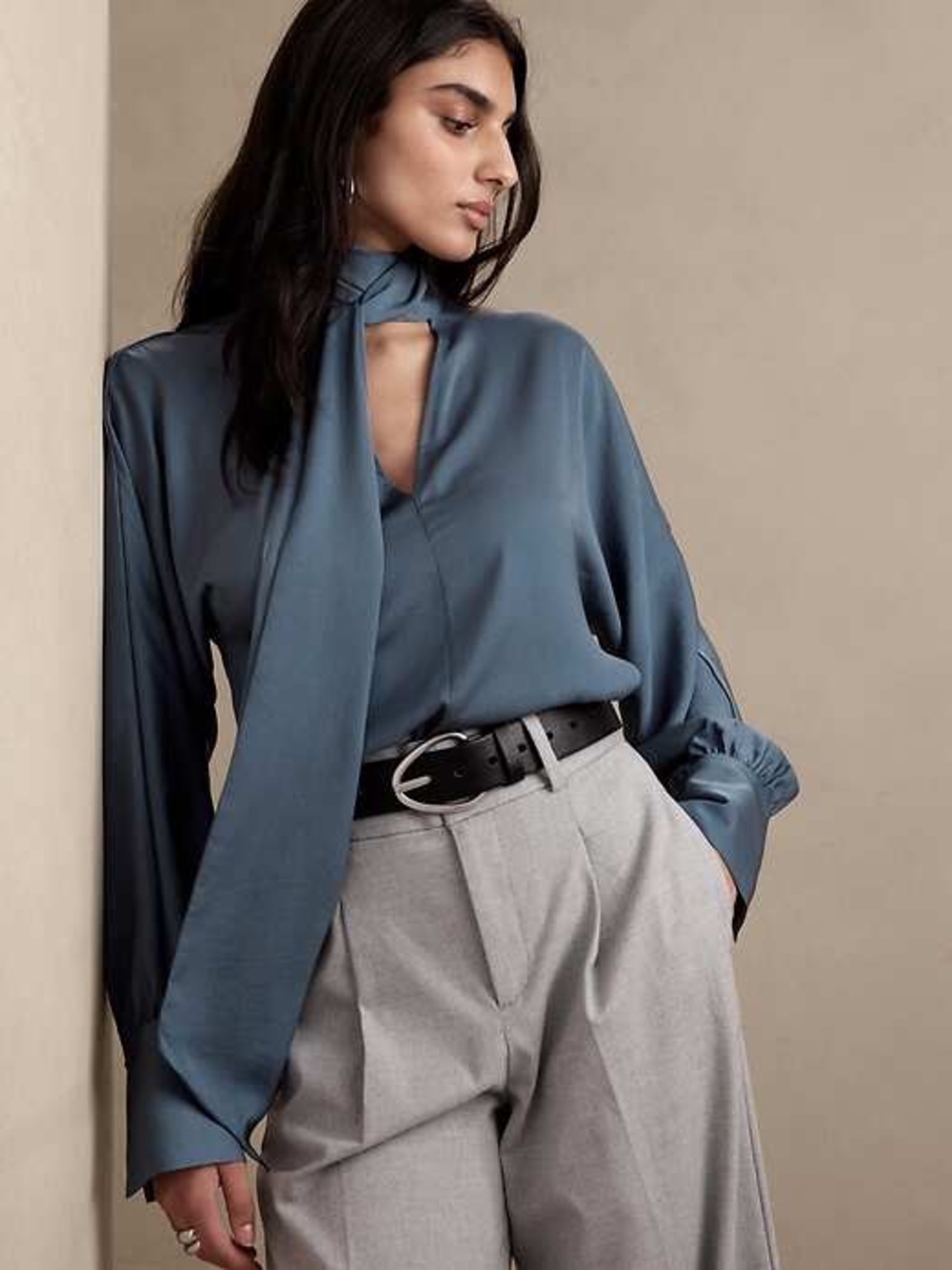 Banana Republic Slate Blue Tie-Neck Blouse